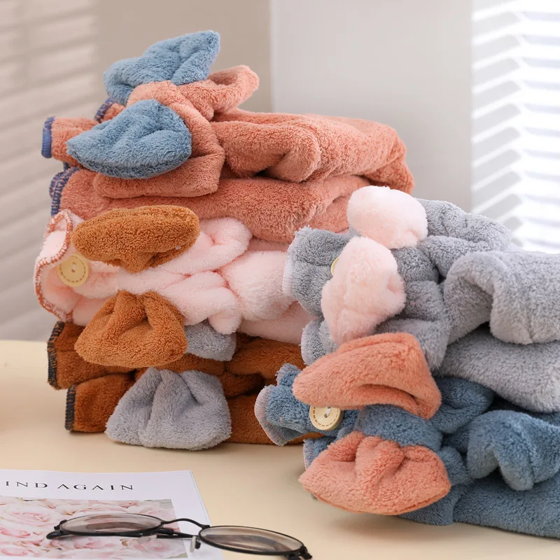 قبعة منشفة شعر بلون سادة من الصوف للمنزل، قبعة تجفيف الشعر بعقدة كرتونية على طراز الأميرة مع حافة من الدانتيل، قبعة حمام عمامة #3