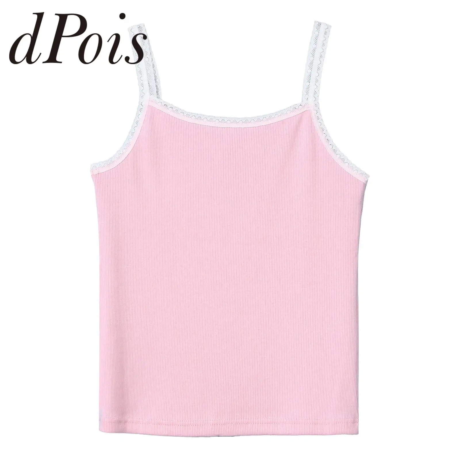 Teenage Kids Tops for Girls Lace Trim Ribbed Camisole Teens Kids Yoga Top Girls Camis Spaghetti Straps Vest Ballet Dance Clothes