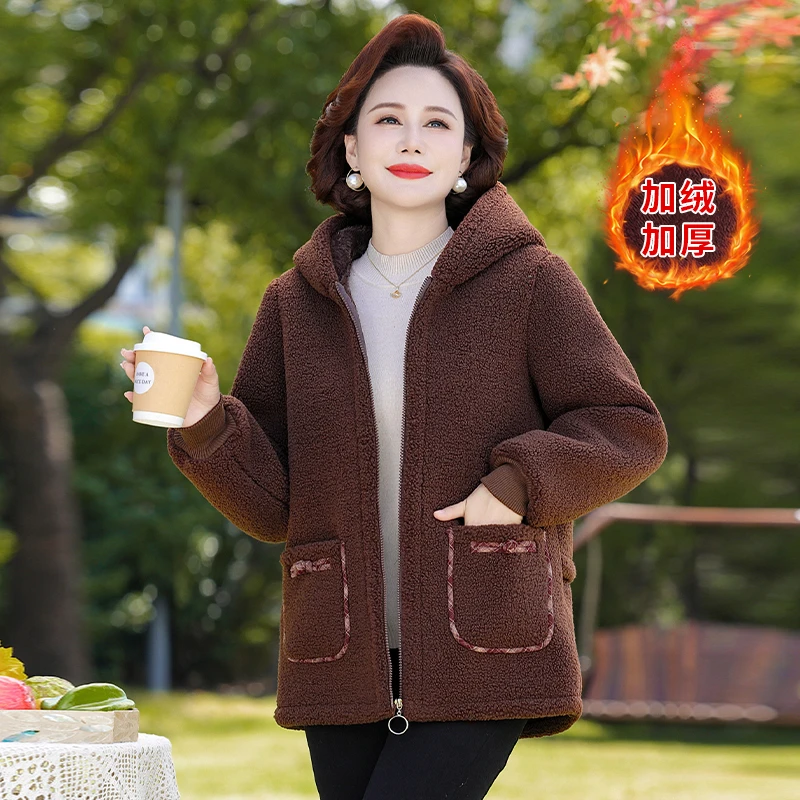 

Thickened Lamb Fur Jacket Particle Velvet Women's Coat IFur for Elderly Winter hooded Outerwear Coat