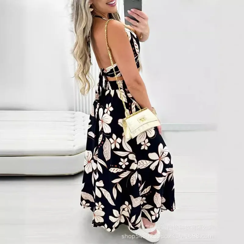 Independent Refinement 2024 Spring Summer New Women's Clothing Halter Sleeveless Backless Floral Vest Mid-Length Dress Set Two-P