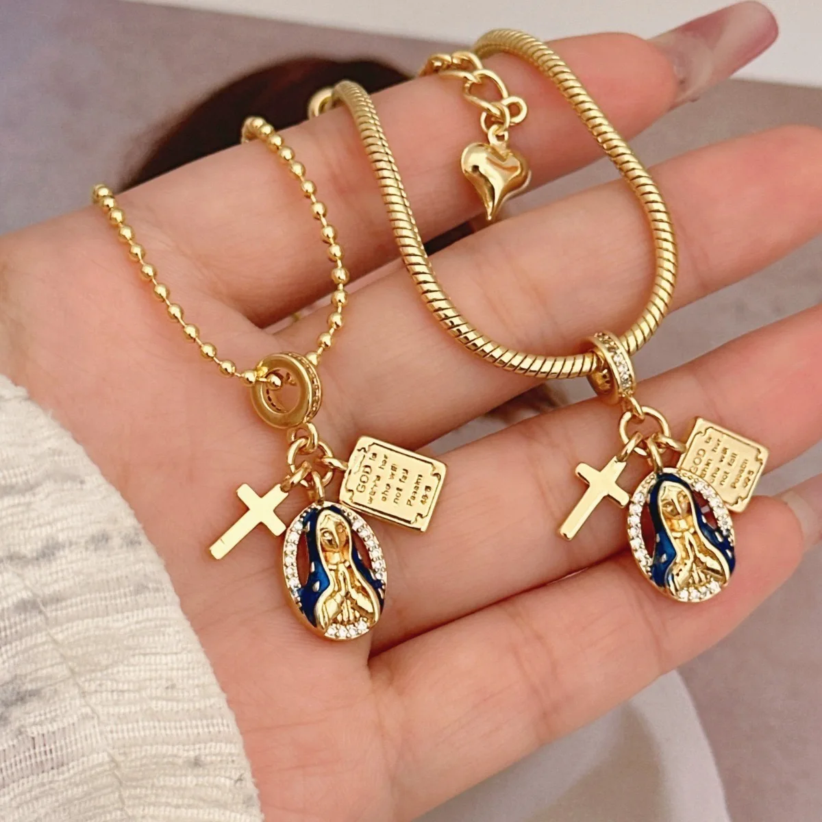 2Pcs/Fashion Gold Color Tone Religious Charm Necklace Set t for Ladies Exquisite Banquet Party Jewelry Gift
