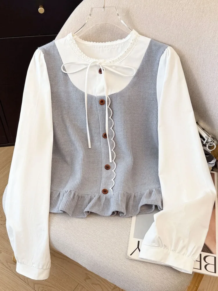 독특한 디자인 감각의 롱 슬리브 러플 트림 벨트 여성용 니트 탑, 봄 가을 겨울용, 달콤하고 루즈핏