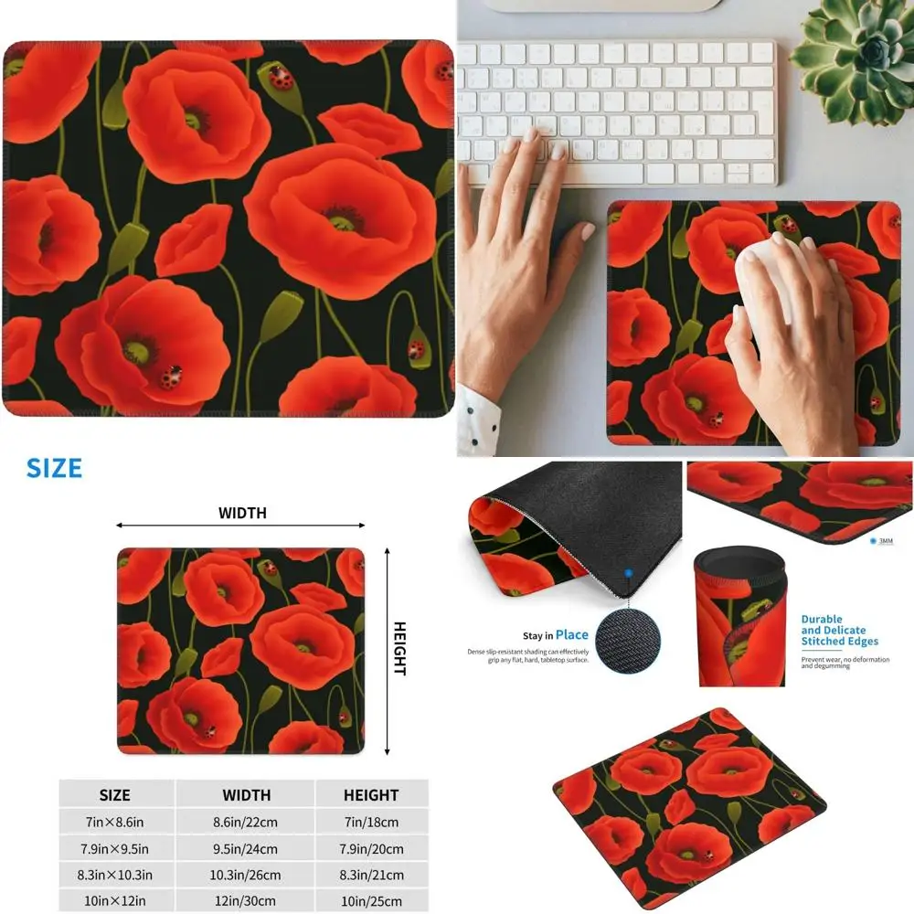 7x8.6 Inch Poppy Flower Print Gaming Mouse Pad with Anti-Slip Rubber Base and Stitched Edges
