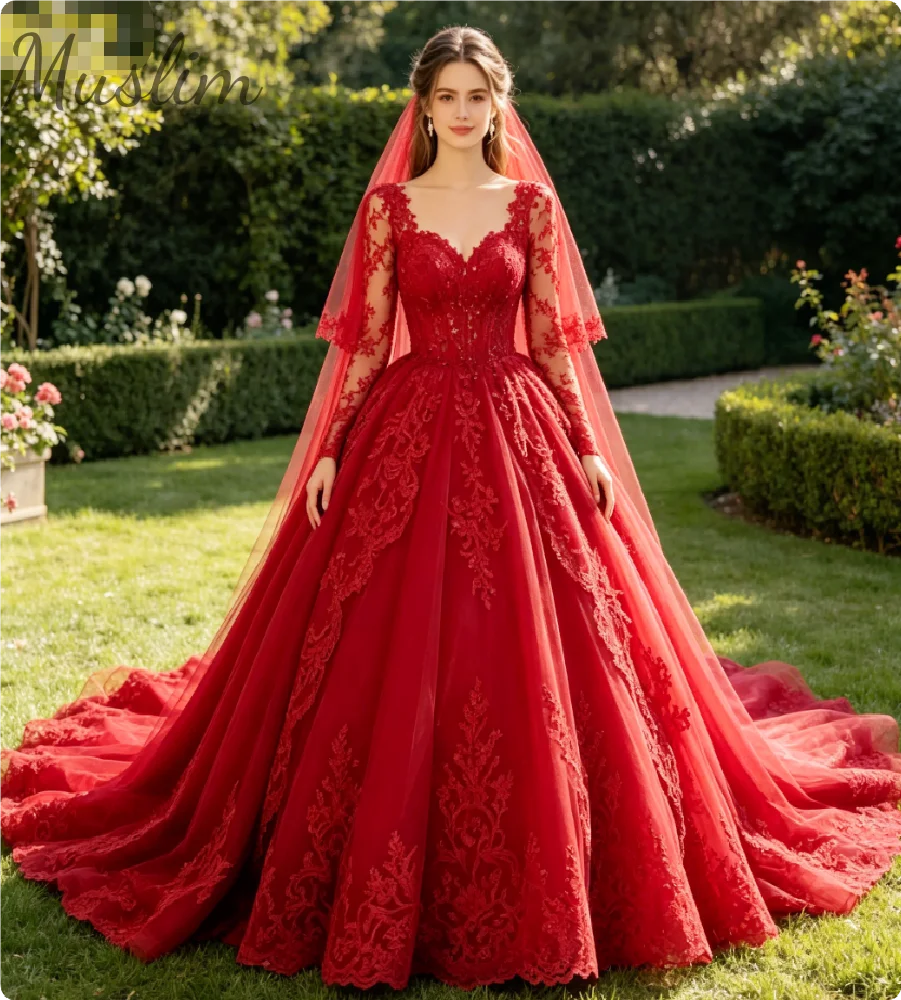 Elegant Gothic Black Wedding Dress Princess Long Sleeve A Line Tulle Ball Gown Lace Appliques Court Train Bride Dark Theme Party