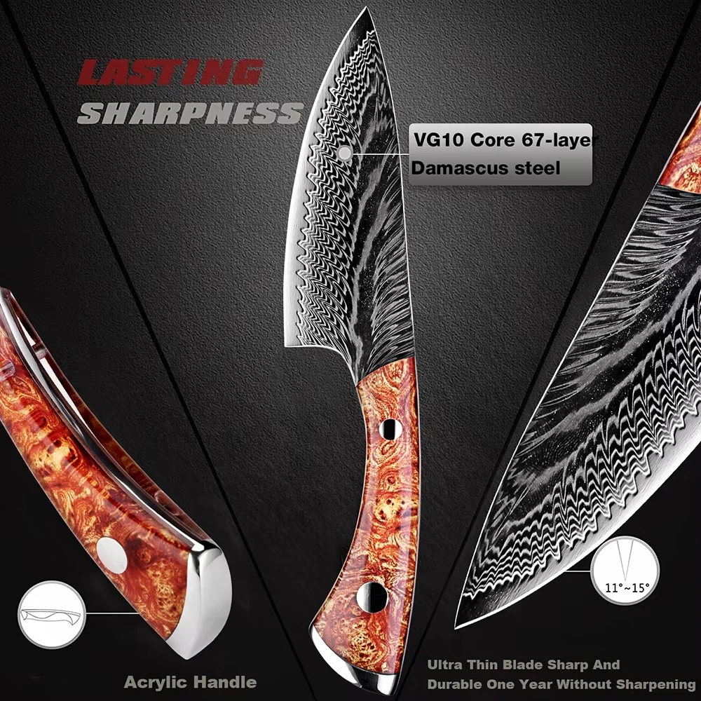 

Damascus Utility Knife Fillet Knife Japanese Damascus Steel Razor Sharp Kitchen Chef Knife for Fish Poultry Chicken Meat Cutting