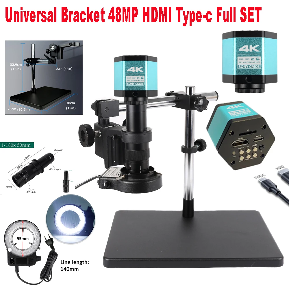 

Universal bracket 48MP HDMI Type-c Lab Industrial Microscope Camera Optional 180X Lens for PCB Amplification Welding Repair