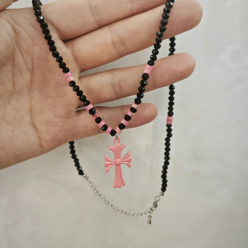 Y2K Streetwear Silicone Cross Pendant Necklace Colored Bead Chain Waterproof Sports Hip Hop Casual Jewelry Unisex