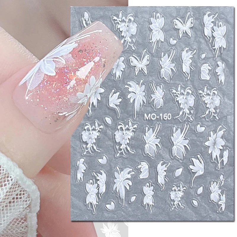 5D Embossed Nail Art Decals French Full Tips White Flowers Adhesive Sliders Nails Stickers Decorations For Manicure