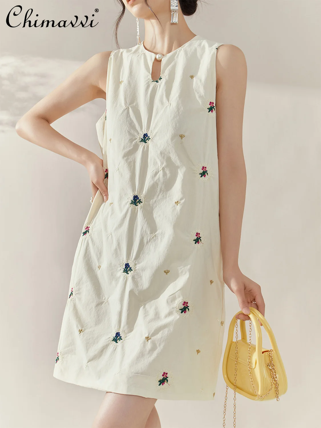 

French Fashion Sweet Short Tank Dresses Round Neck Sleeveless Embroidery Loose Waist A-line Elegant Celebrity Party Dress Women