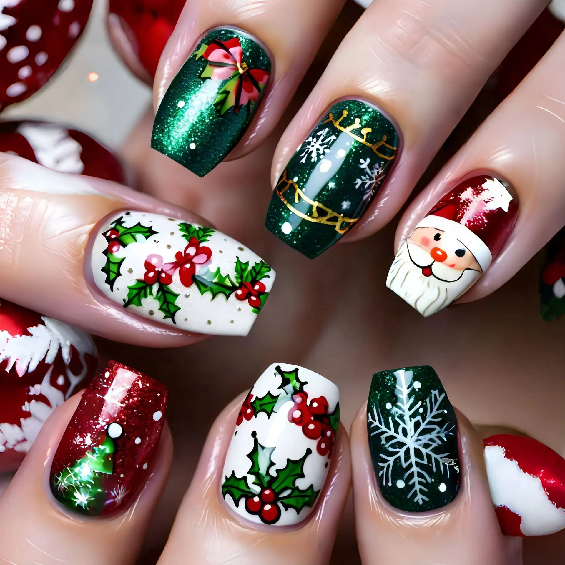 

Christmas Press on Nails Short Square Fake Nails Cute False Nails with Santa Mistletoe Snowflake Designs Glossy Glue on Tips