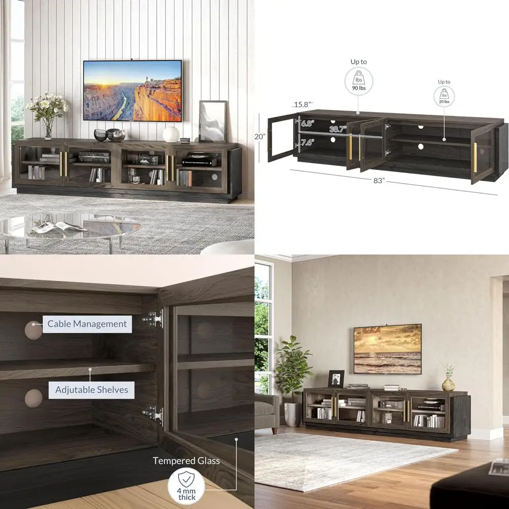 

83-Inch TV Stand for 85-Inch TVs, Contemporary Entertainment Center with Shelves, Wooden Storage Cabinet for Living Room