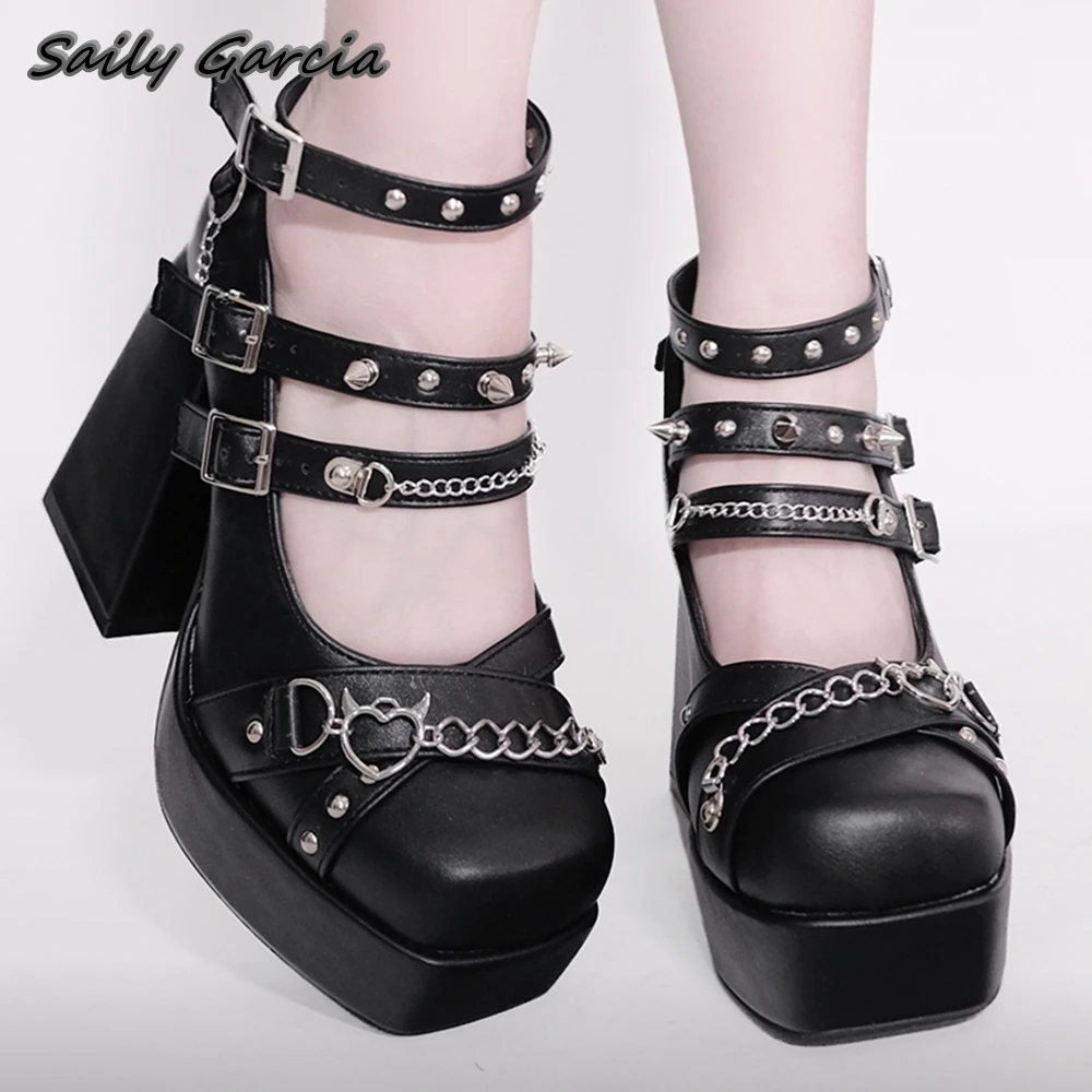 Genuine Leather Belt Buckle Strap Shallow Pumps Mary Jane Metal Rivet Chunky Heel Ankle Boots Square Toe Platfrom Casual Shoes