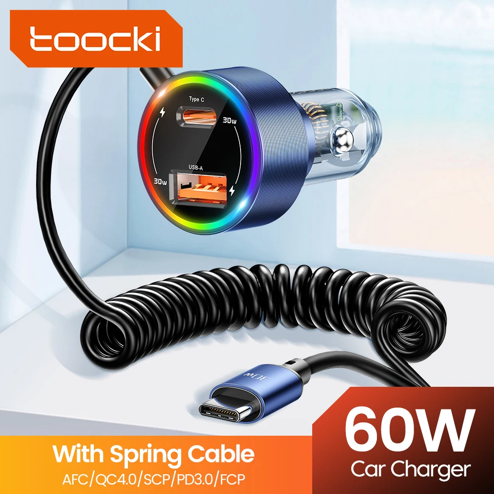 Toocki 60W Car Charger USB Type C Spring Cable FCP SCP PD Fast Charger Charging For iPhone Xiaomi Poco 12V 24V Car Phone Charger