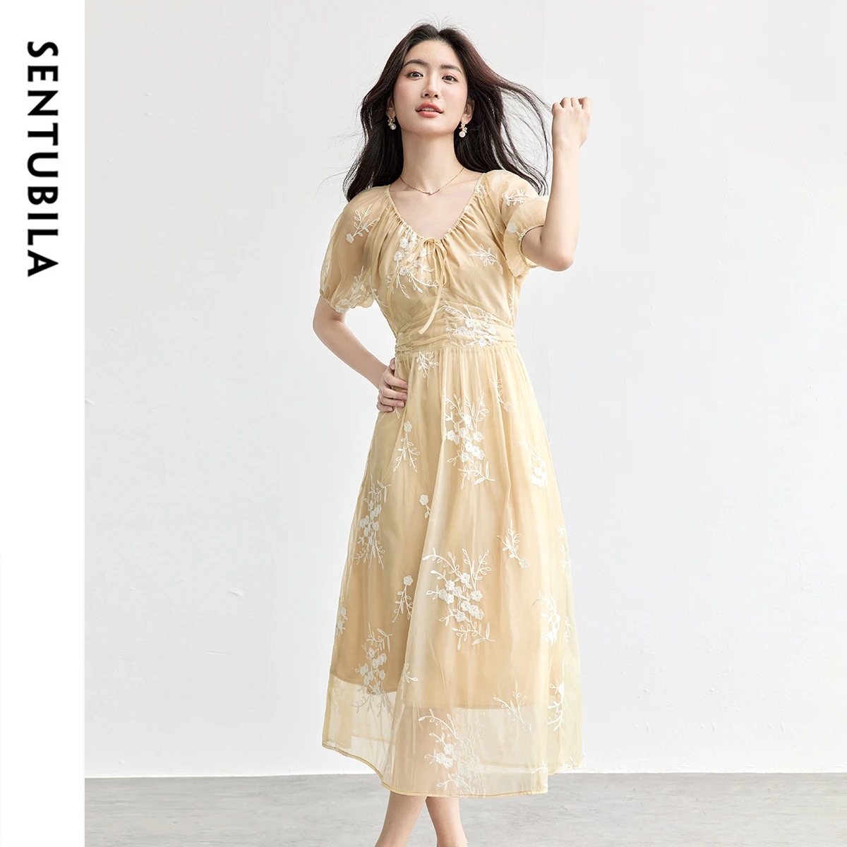

SENTUBILA Summer One-piece Floral Dress 2025 New Collection Short Sleeve Midi Dresses Elegant Embroidery Beach Dress 152LO0066