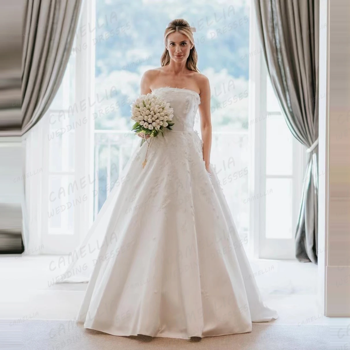 Vestido De novia De satén sin tirantes para mujer, traje Sexy De lujo con apliques De una línea, sin mangas, De princesa