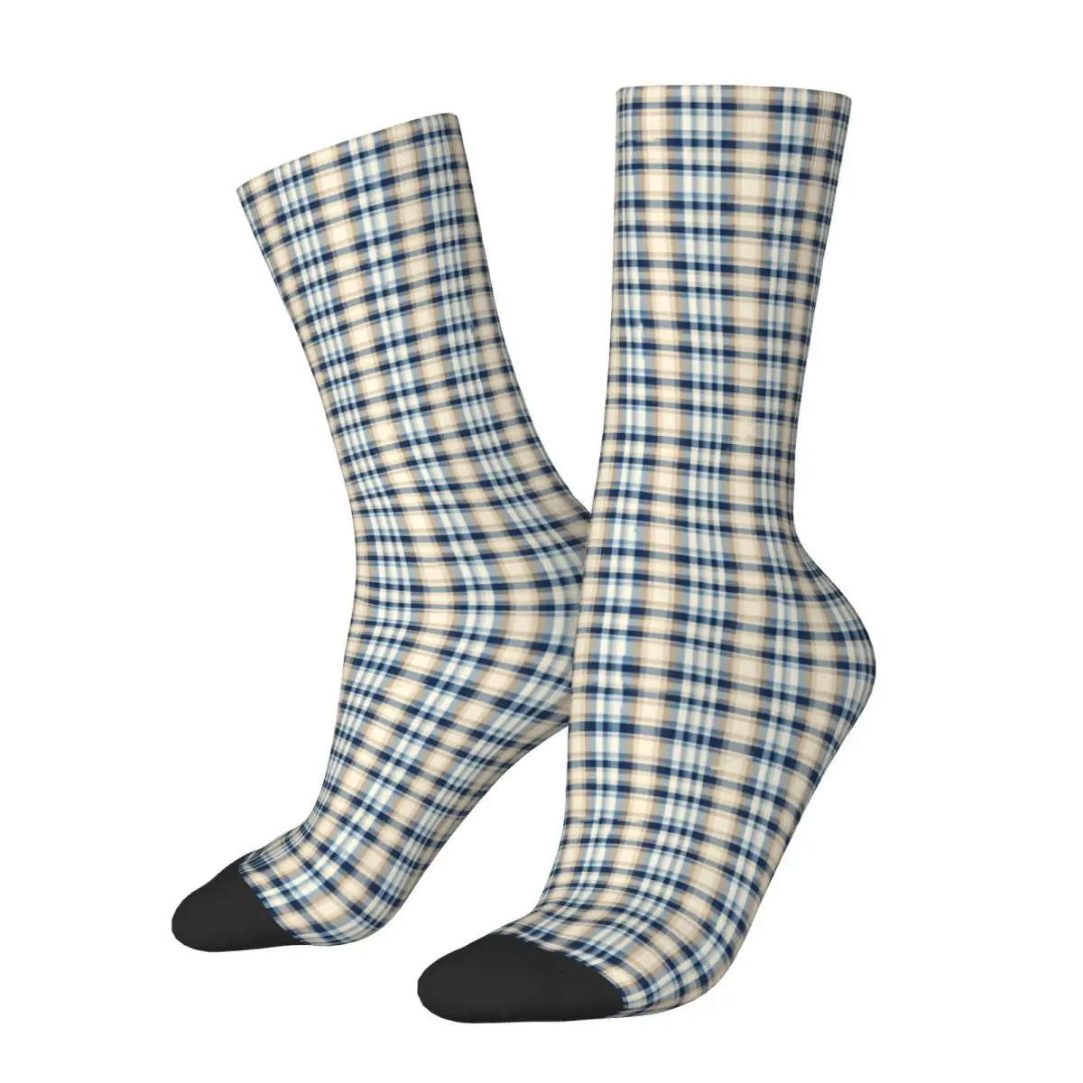 Funny Crazy compression Sock for Men Blue And Beige Hip Hop Harajuku Plaid Pattern Happy Quality Pattern Printed Boys Crew Sock