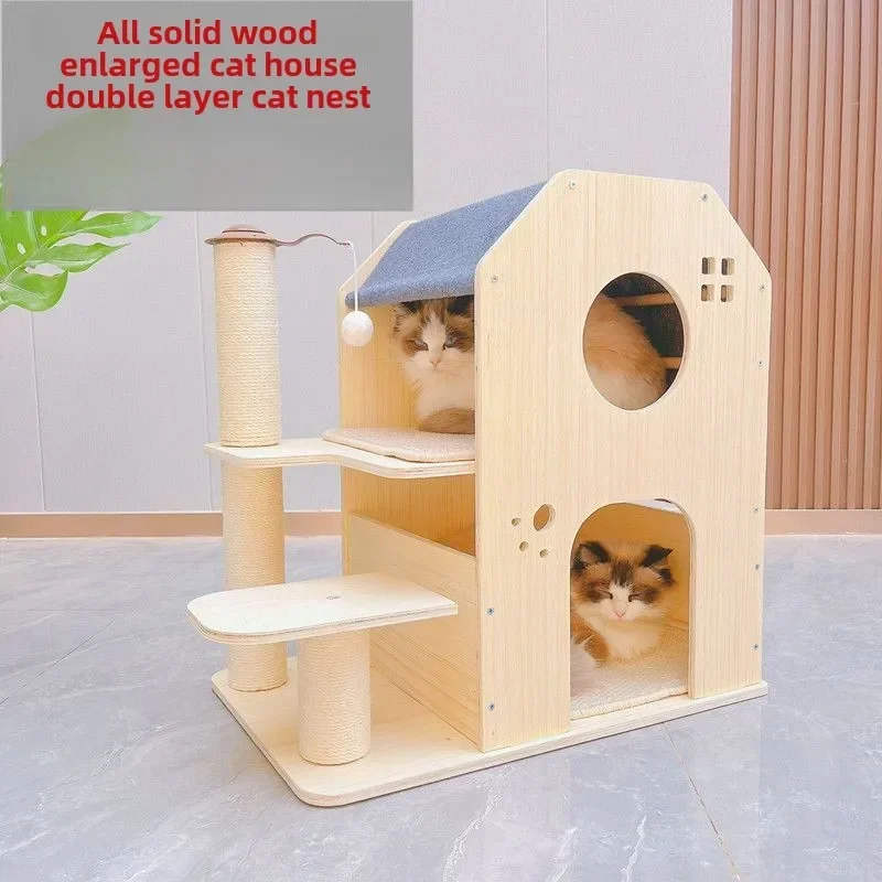 Solid Wood, Cat Nest, Climbing Frame, Double Layer, Universal in All Seasons, Cat Villa, Wear-resistant