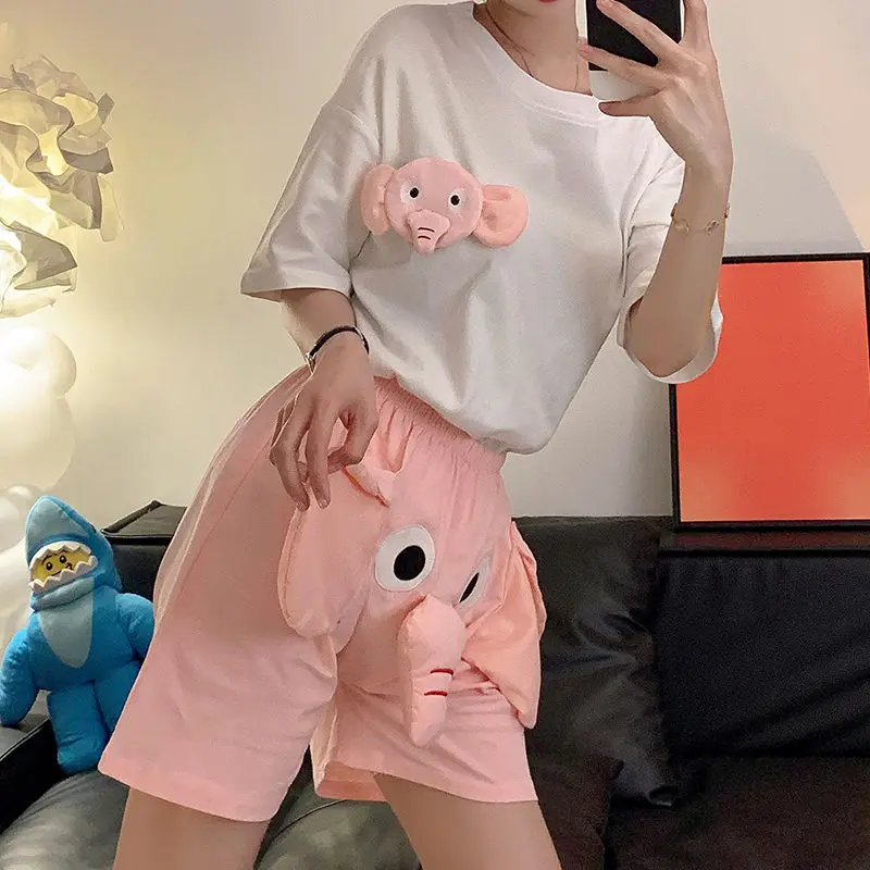 Women\'s Pajamas Cute Quirky Three-dimensional Elephant Shorts Sleepwear Summer Loungewear Couples Two-piece Suit