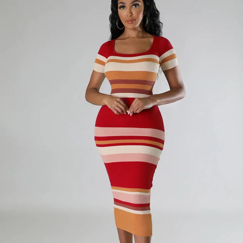 Knitting Wool Colour Patchwork Striped Print Casual Bodycon Dress Women Night Party Short Sleeve O-neck Sheath Midi Dress Korean