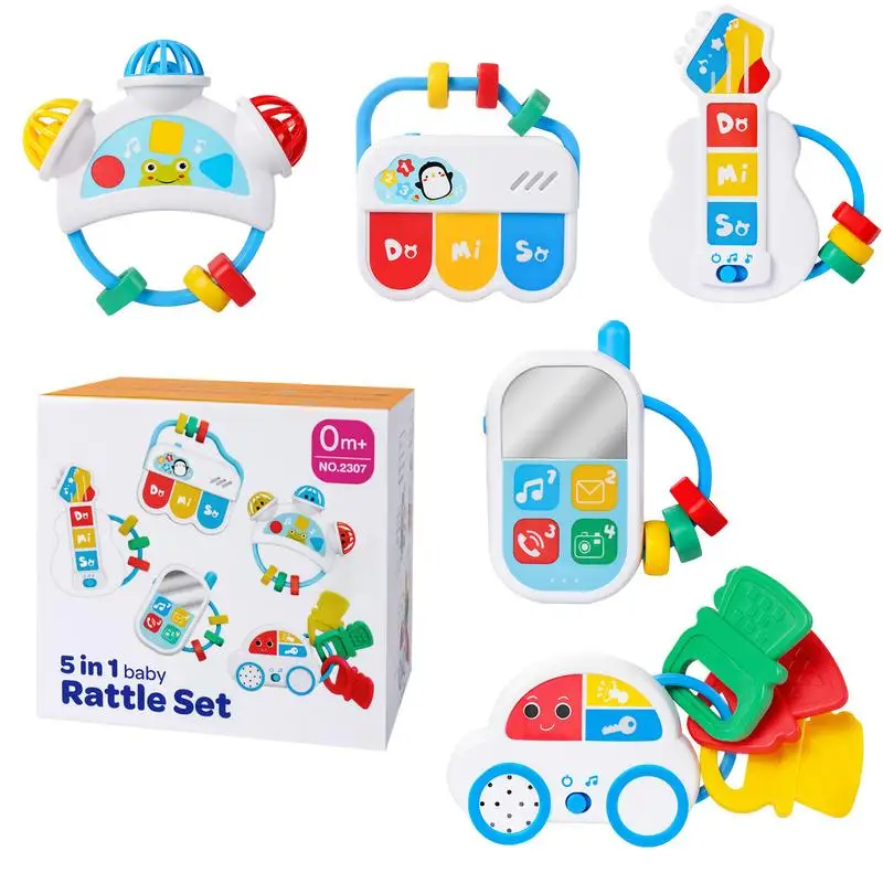 Teether Rattle Shaker Toy Set 5pcs/Set Toddler Music Learning Toys Rattle Set Toddler Music Learning Toys Teether Toddler