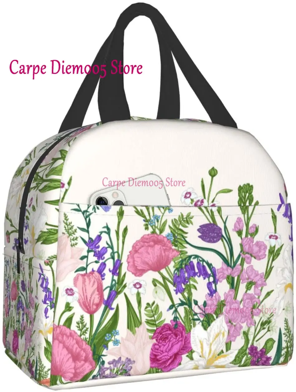 floral Lunch Box Travel Bag Reusable Insulated Cooler Lunch Bags Womens Mens Cute Picnic Tote Bag