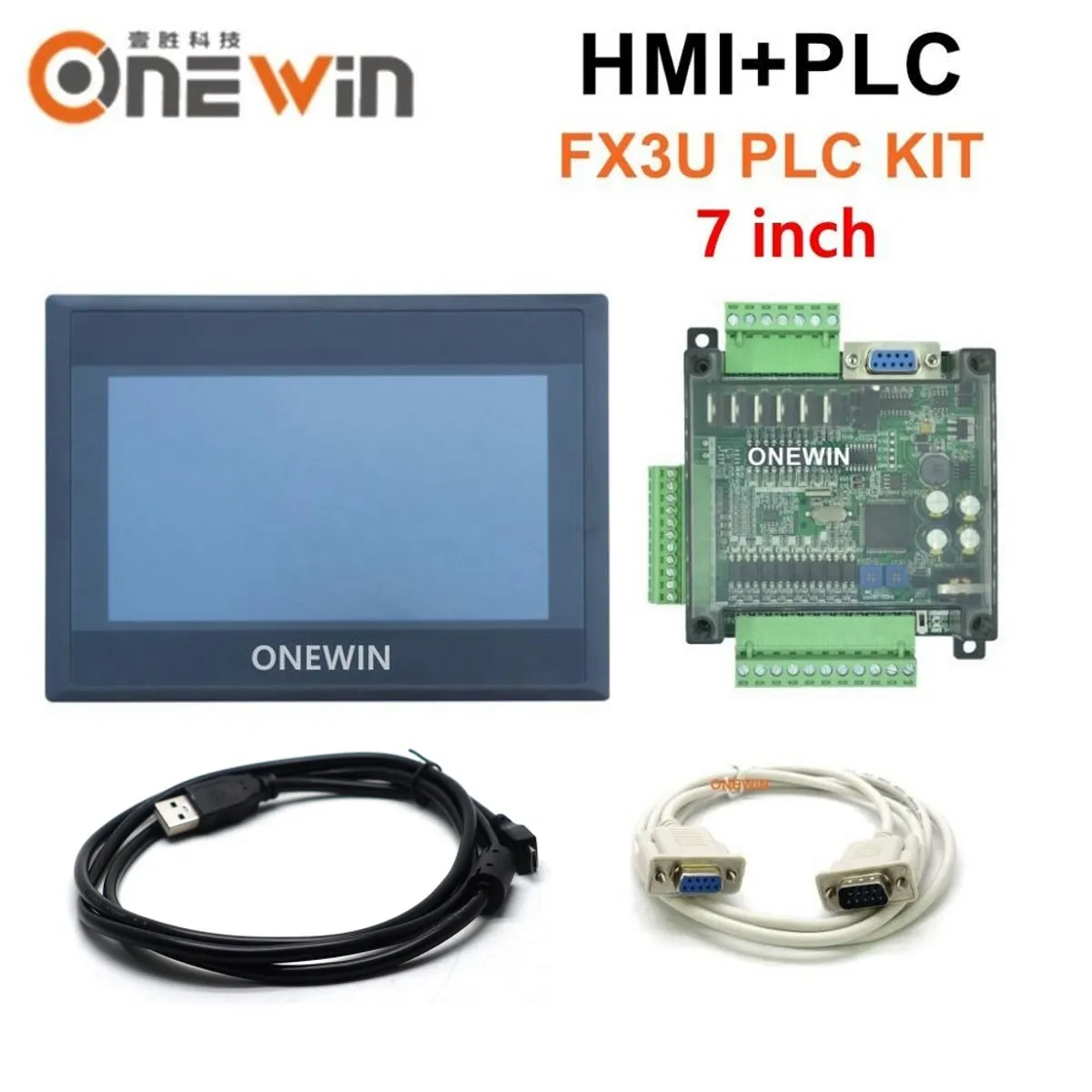 HMI touch screen panel 7 inch and FX3U series PLC industrial control board with download communication cable ONEWIN