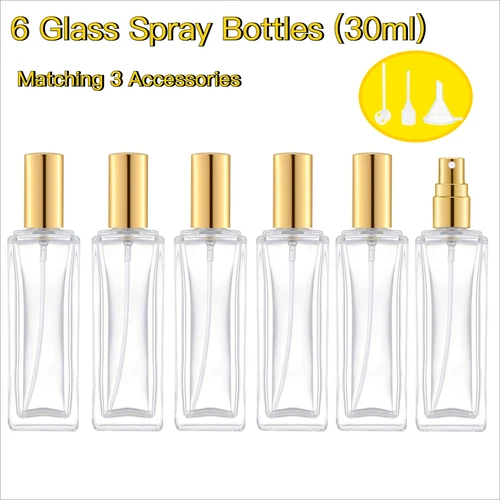 Botella de Perfume de vidrio de 6 uds., botella de Perfume recargable cuadrada vacía de 30ML, botella de viaje DIY a prueba de fugas para aceites esenciales y fragancias