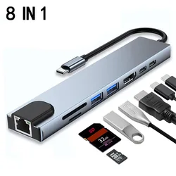 Type C Extender 8 in 1 USB HUB with HDMI Laptop Converter USB C to USB 3.0 2.0 Disk Ethernet Cable OTG Card Reader Charging Dock