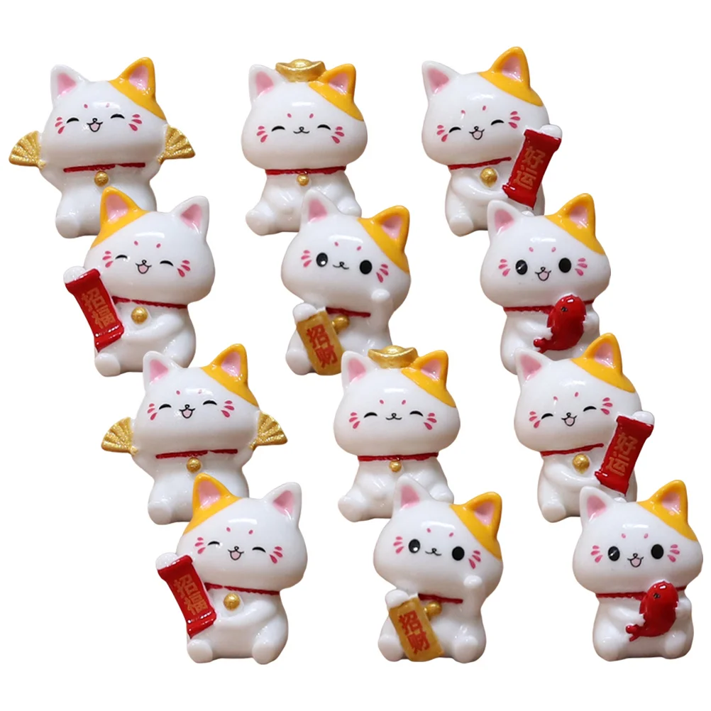 

12 Pcs Miniature Lucky Cat Kitten Toys Decorations for Home Statue Car Household Themed Birthday Outdoor Resin Fortune Model