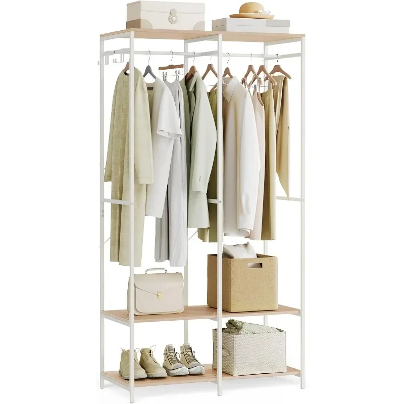 Clothes Rack, Iron and Wood Wardrobe Closet Organizer, Heavy Duty Garment Rack with Hanging Rods, Closet Shelves, Removable