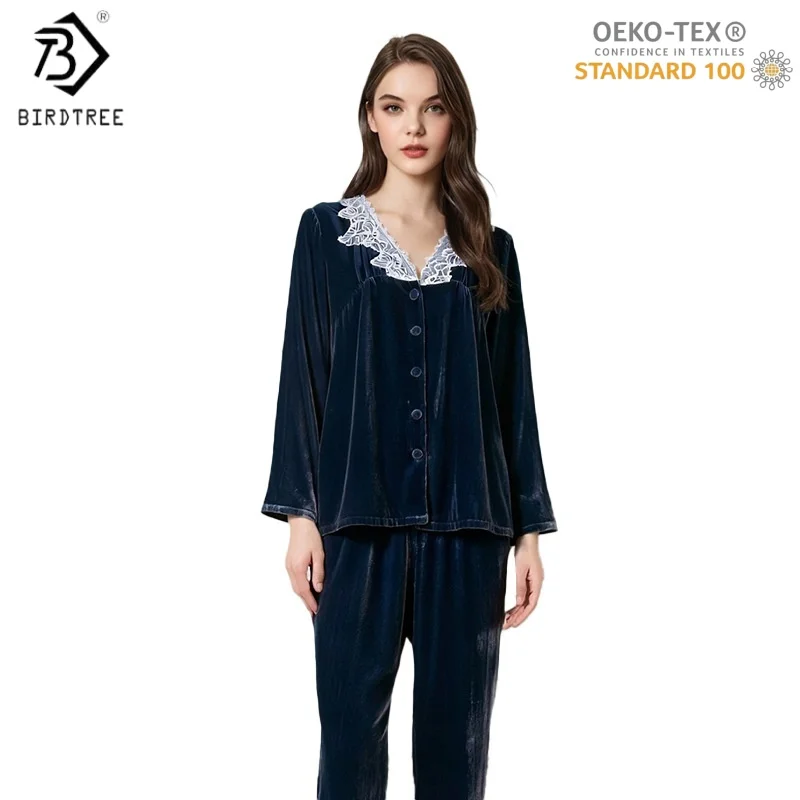 BirdTree, OEKO-TEX, 6A Silk Velvet Pajamas Set, Women's V-neck Full Sleeve Elegant Clothes, 2025 Autumn Winter New P5D923JF