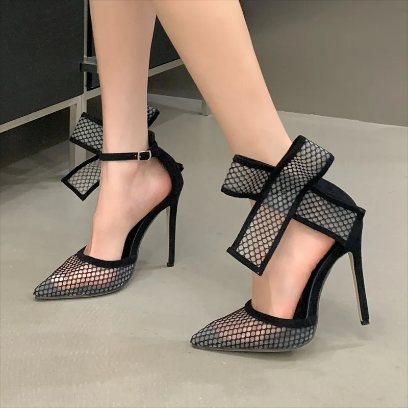 Women's Pointed Toe Fishnet Mesh Bow Ankle Buckle Stiletto Heel Pumps Elegant Party Evening Footwear Drop Shipping Free Gift