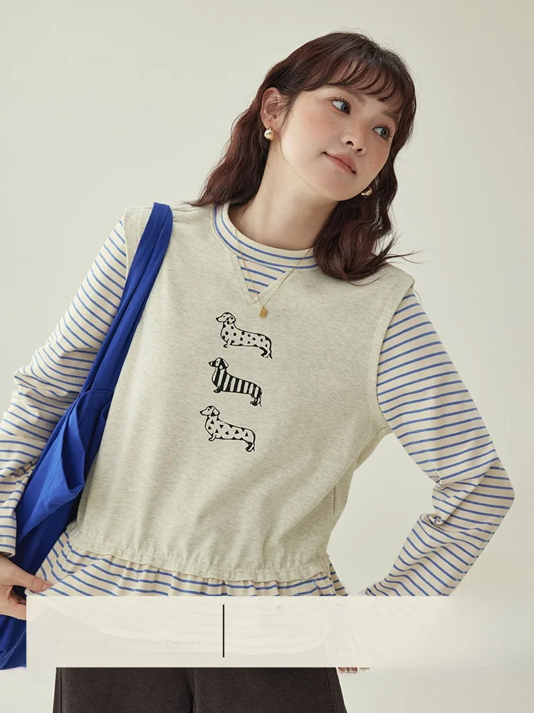 

Оригинальная женская зимняя футболка с длинным рукавом North Island AMUU, новая модель с принтом и полосками, имитация двухслойности, молодежный стиль, хлопок