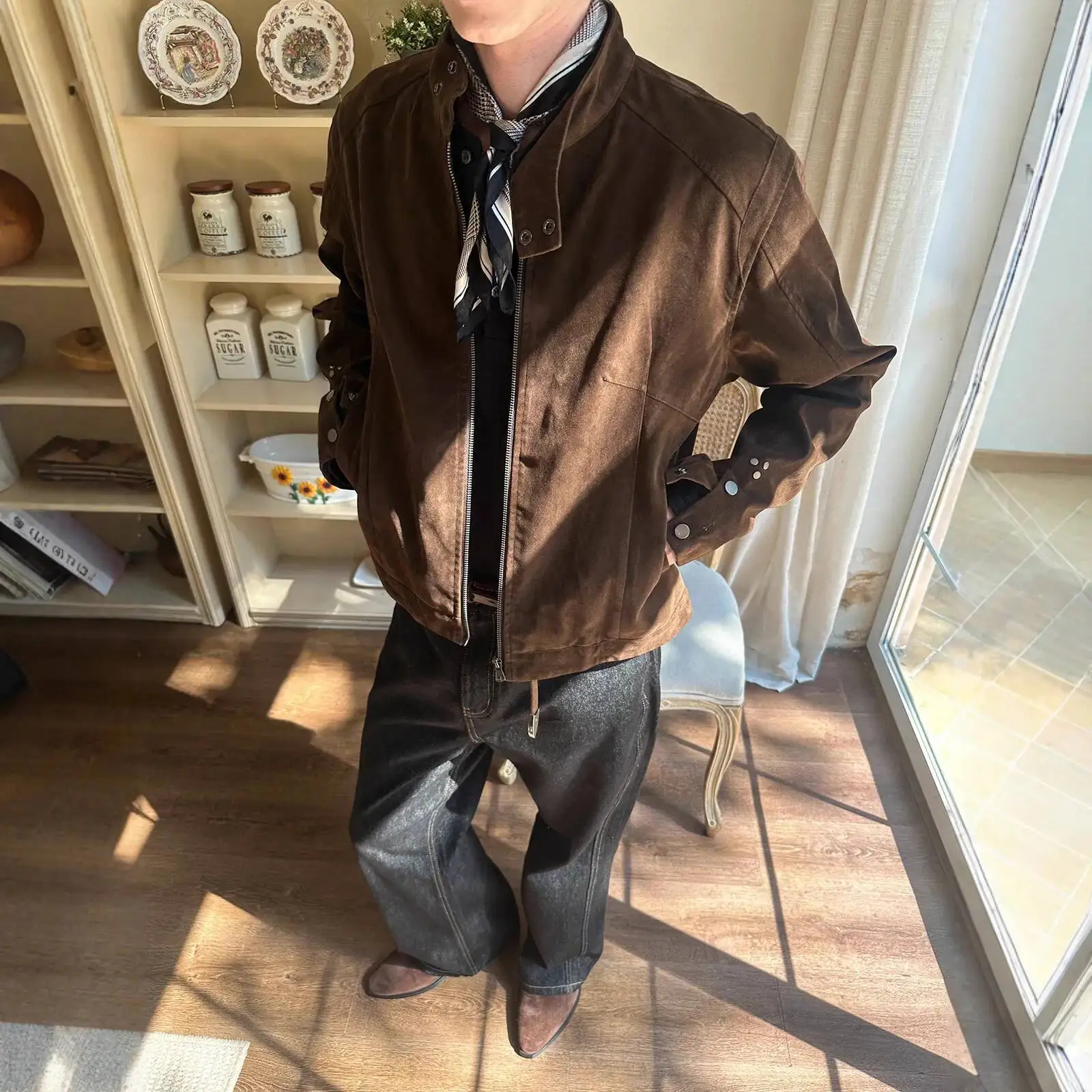 Kurtka męska 2025 Jesień Zima Kurtka z zamszu Retro Niszowa Ekskluzywna Vintage Stójka Zapinana na zamek Odzież wierzchnia