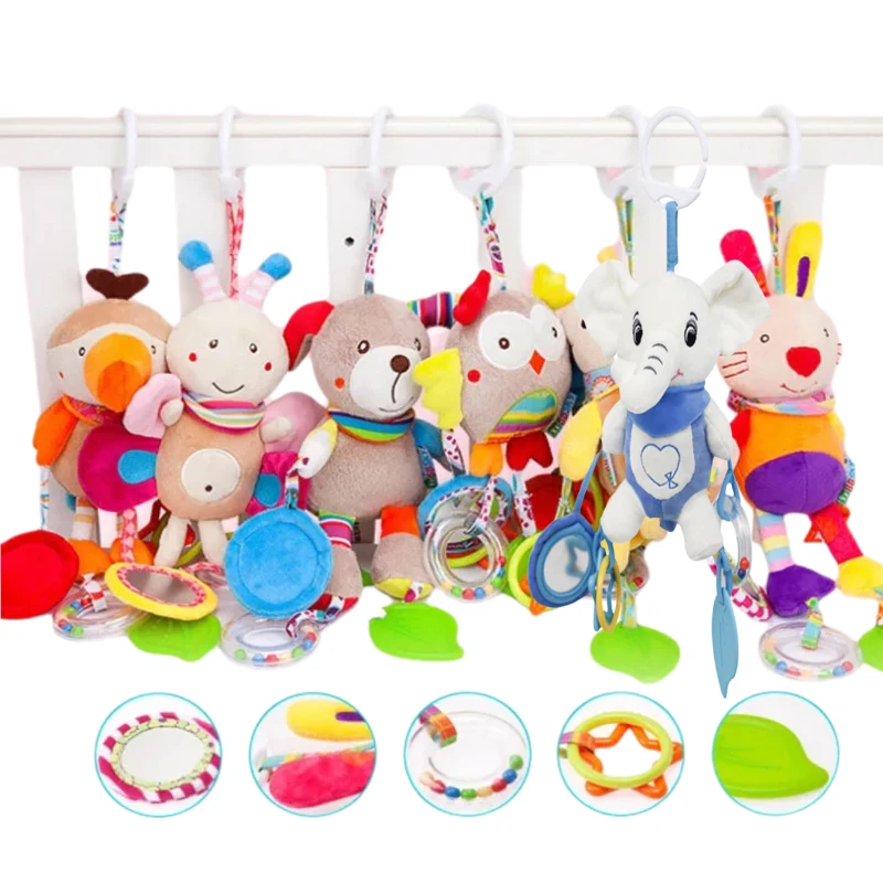 لعبة هزازة بمقبض يدوي على شكل حيوانات محشوة ناعمة مع ميزات حسية متجعدة وصارًا وإكسسوارات سفر للأطفال الصغار