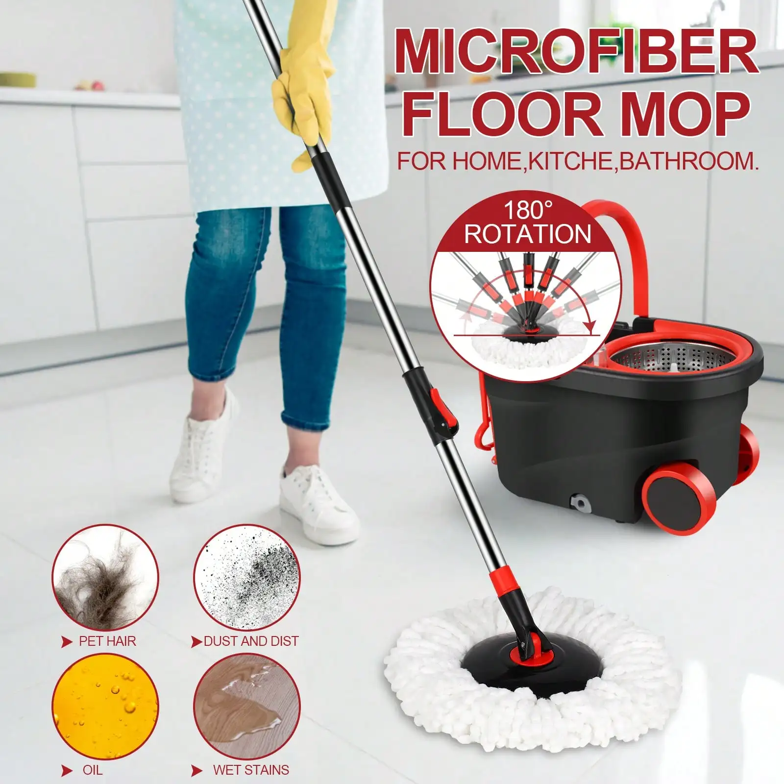 Heavy Duty Rolling Mop Bucket Set with Wringer – Includes 3 Microfiber Heads, Perfect for Home, Kitchen & Living Room