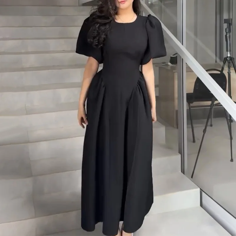 

Women's Clothing 2025 Summer New Bubble Sleeve Crew Neck Lace-up Fashion Temperament Dress Dress