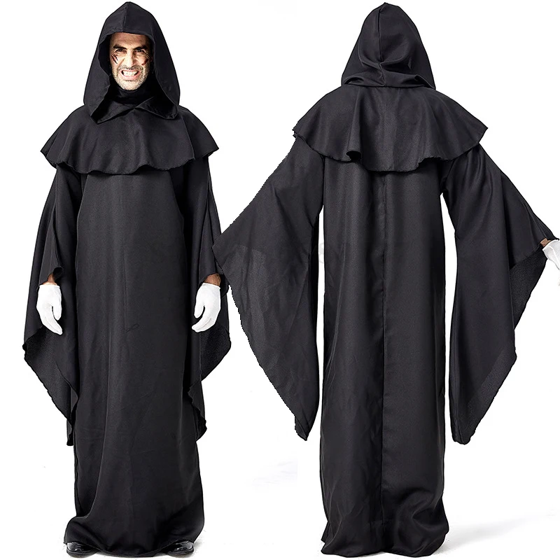 Men Scary Pastor Clothing Adult Black Robes Monk Wizard Role Play Costume Halloween Purim Party Mardi Gras Fancy Dress Outfit