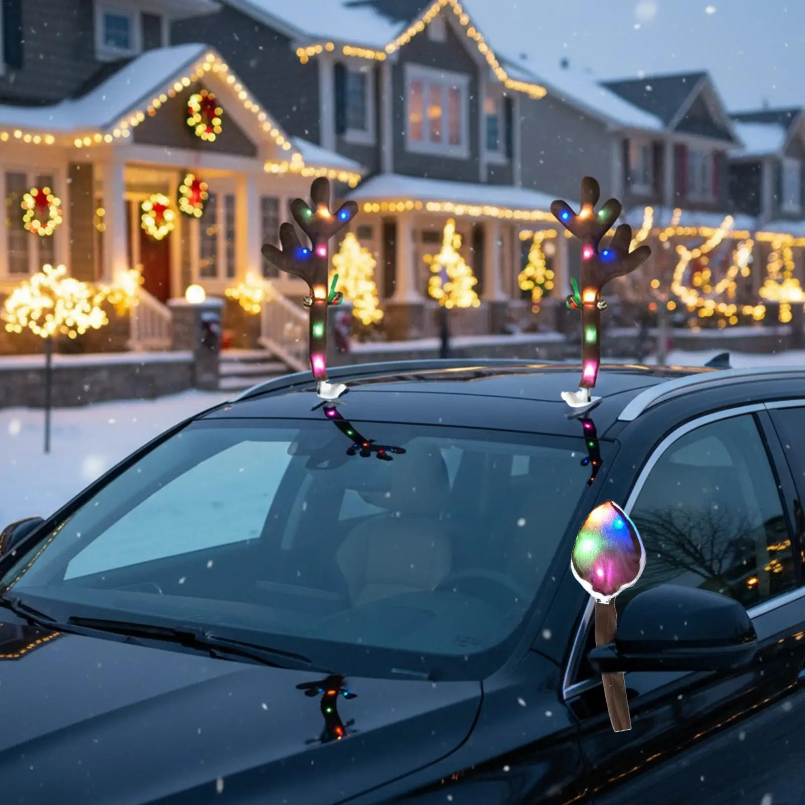 Christmas Reindeer Antlers Car Kit Holiday Costume With LED Lights Reindeer Car Kit For Holiday Van Party Seasonal Celebration