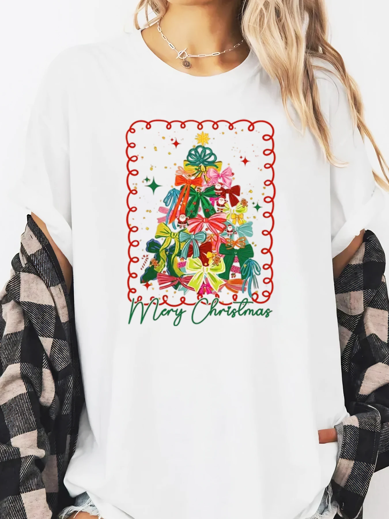 Árvore de natal arco impressão feliz natal manga longa camiseta feminina casual férias wear branco plus size