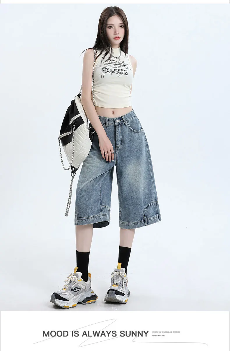 Délavé pour fabriquer des vieux shorts en jean à jambe droite, nouveau jean d'été taille haute ample américain décontracté mi-long pour femmes, Streetwear