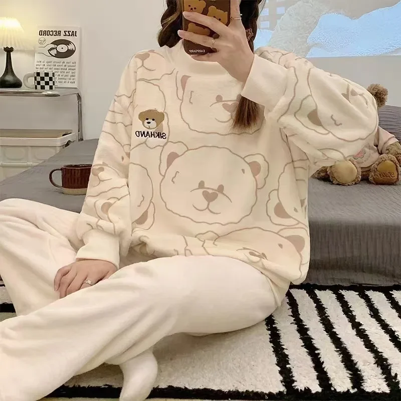 Winter Women Flannel Pajama Sets Tops+Pants 2 Pieces Outfits Coral Fleece Nightwear Cartoon Print Home Clothes Warm Sleepwear