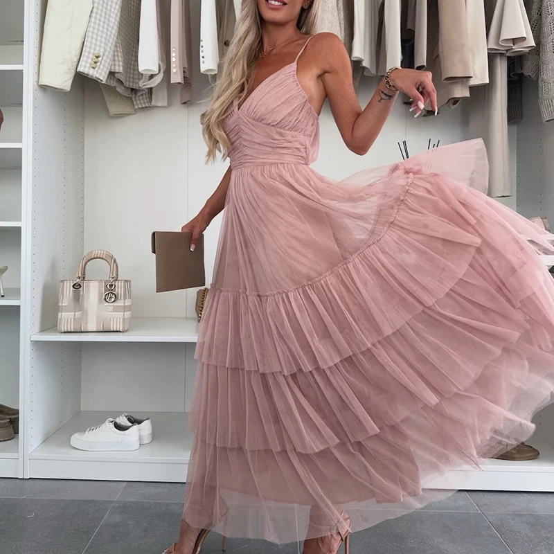 2025 칵테일 V 칼라 솔리드 파티 드레스 섹시한 스윙 높은 허리 파티 드레스 여성 우아한 메쉬 연회 프릴 갈라 드레스