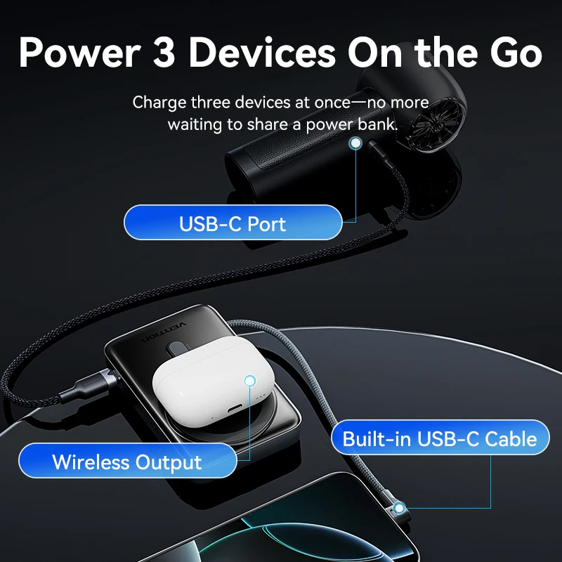 Магнитный блок питания Vention 10000 мАч 35 Вт Qi2 15 Вт со встроенным кабелем USB-C, быстрая зарядка PD 20 Вт, складная подставка, для iPhone