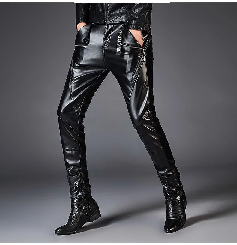 

Idopy New Skinny Faux Leather Trousers Personlity Motorcycle Cosplay Punk Black Slim Fit Biker Pu Pants For Men