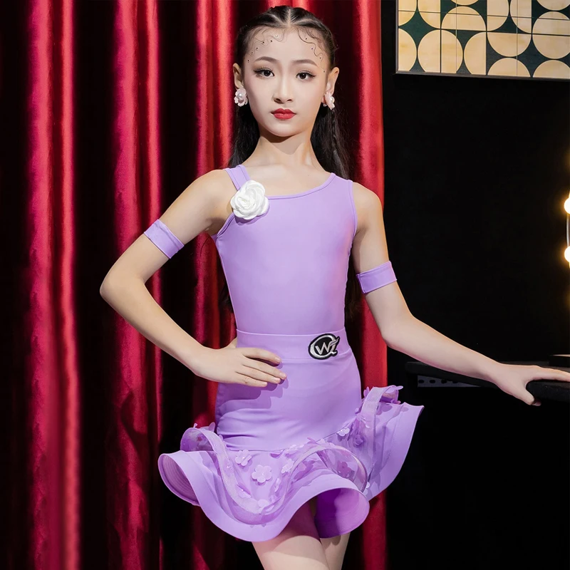 Summer Purple Latin Dance Performance Dress Kids Competition Dancing Dresses Girls Latin Dance Costume Pratice Wear SL9985