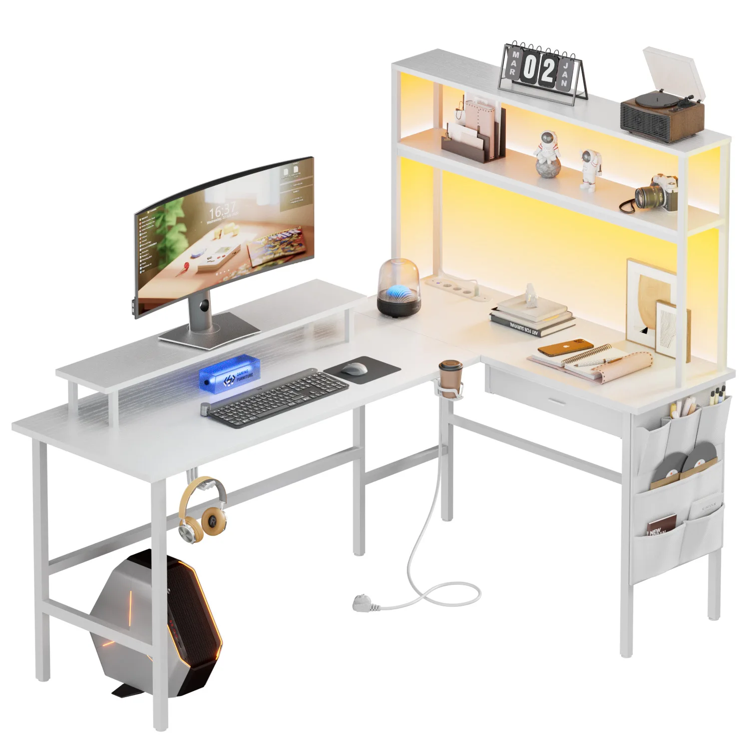 FRODROVIA 150/170 cm L-förmiger Gaming-Schreibtisch, umkehrbarer Computertisch mit Steckdose, Eck-Bürotisch mit Aufsatz und Monitorständer