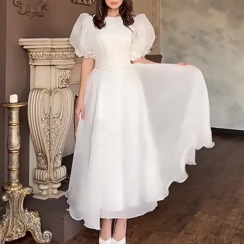 

Летнее Новое Однотонное Платье с Завышенной Талией, Облегающее, Модное, с Пышными Рукавами, Сетчатыми Вставками и Плиссировкой, Вечернее Платье, Элегантное, Для Банкетов