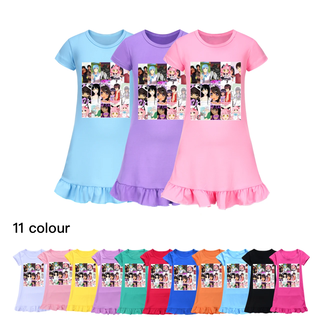 APHMAU Kids Girls Cotton Nightgown Cartoon Nightdress Girl Sleepwear Nightie Summer Short Sleeves Cats Nightwear Children Clothe