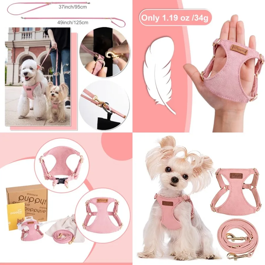 

No Pull XXS Puppy Harness with Multifunction Dog Leash, Soft Adjustable No Choke Escape Proof Pet Harness Vest, Pink, XXS